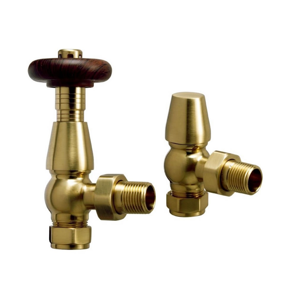Cutout image of Redroom by Barwick Brushed Brass Classic Angled Thermostatic Radiator Valves